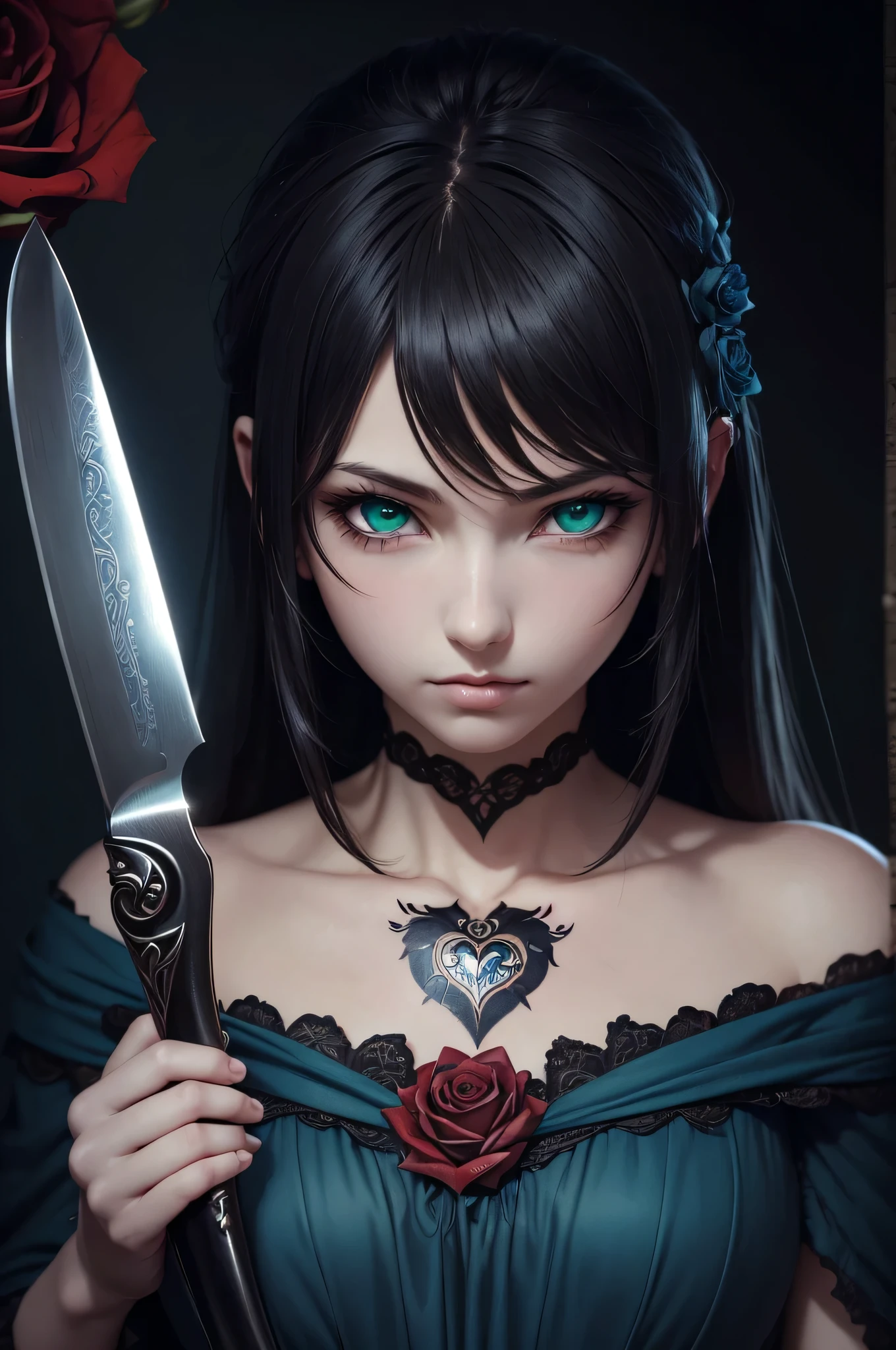 There is girl in the rose garden, she have beatiful face green eyes dark make uo, her hair is black, she dressed in the blue dress and have a heart tattoo on her shoulder, also she hold kitchen knife with blood dripping from it's edge, and ace of hearts and queen of spades cards on the wall behind her, (ultra high quality fantasy art, dark fantasy style, masterpiece, ultra high quality character design, 8k quality anime art, realistic anime art, top quality wallpaper illustration, detailed ultra high quality accurate face, high quality design and accurate physic)