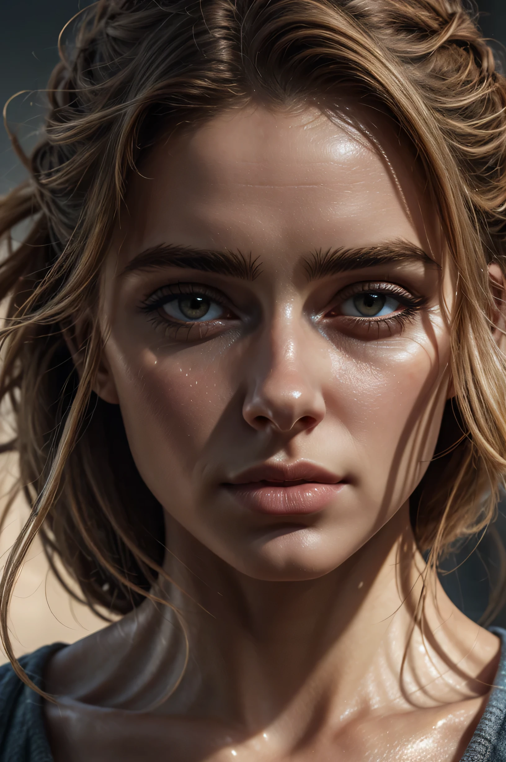 a close-up image of a beautiful woman, 25 years old, direct eye contact, mystical stare, extra eye focus, glimmering eyes, realistic skin, super defined and contoured lip contour, tanned Skin, beautiful face, no makeup, no eyeliner, no eyelashes, (eyelashes not be visible), (should not be visible), Closed lips, voluminous lips, small eyes, super defined and detailed eyebrows, extremely symmetrical face, Hair tied back, extremely fine details, Ultra defined realism, ultra HD 8K resolution, extremely realistic and detailed skin, no visible shadows, defined eyebrows, substance painter render, (Hair cannot be in front of the face), 8k, best quality, masterpiece, realistic, ultra detail, photo realistic, hyper realistic, smoother lighting, increase cinematic lighting quality, realistic lighting, backlighting, brightening light, Increase quality, best quality real texture skin, close-up, slender, mystical background