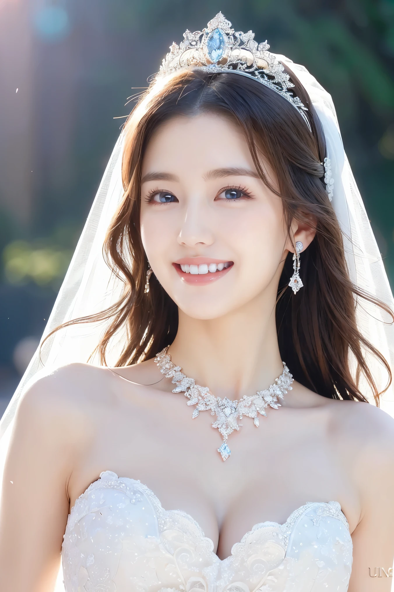 (highest quality、Tabletop、8k、Best image quality、Award-winning works)、One beautiful bride、(alone:1.1)、(The most extravagant and gorgeous huge wedding dresses:1.1)、(Perfect Wedding Lace:1.2)、(The most extravagant and luxurious giant tiara:1.1)、(The most extravagant and luxurious giant necklace:1.1)、The most beautiful smile is looking at me、A wide selection of the finest jewellery、(Bridal upper body photo:1.1)、Perfect Makeup、Long eyelashes、Ultra HD Shining Eyes、Ultra HD Hair、Ultra High Resolution Glossy Lips、Ultra High Resolution Perfect Teeth、Super high resolution beautiful face、(Accurate anatomy:1.1)、(Very bright and beautiful skin:1.2)、(very bright and vivid:1.2)、(Luxury wedding venue background:1.1)