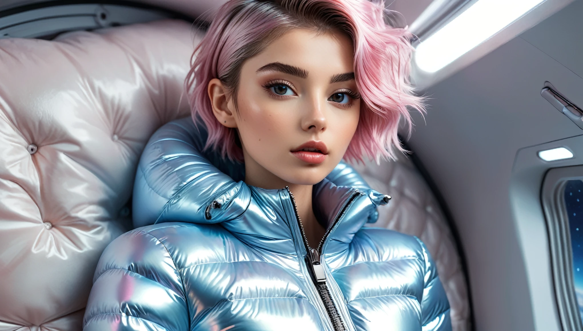 Top Quality, Masterpiece, High Resolution, 8k, wide objective, full body shot, ((skinny girl in a shiny puffer open zipper and with wide neckline, short sleeves, small perky breasts, extremely detailed face, detailed eyes, detailed lips, pixie asymmetrical hair, small hips, in a spaceship, on a bed, full body view, pastell colors))