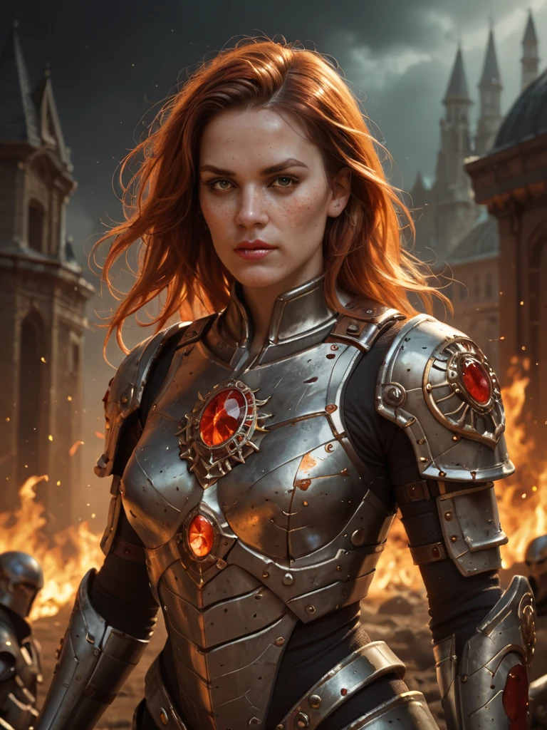 score_9, score_8_up,score_7_up, score_6_up, score_5_up, score_4_up, Alien, [female:Mila Jovovich:0.1], warrior, armored, metallic, fiery, red, hair, intense, eyes, orange, gem, forehead, freckles, dark, background, ethereal, mysterious, fierce