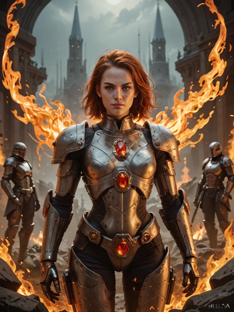 score_9, score_8_up,score_7_up, score_6_up, score_5_up, score_4_up, Alien, [female:Mila Jovovich:0.1], warrior, armored, metallic, fiery, red, hair, intense, eyes, orange, gem, forehead, freckles, dark, background, ethereal, mysterious, fierce
