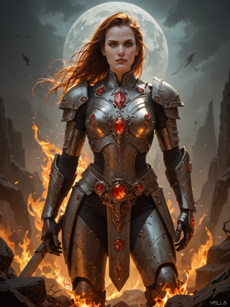 score_9, score_8_up,score_7_up, score_6_up, score_5_up, score_4_up, Alien, [female:Mila Jovovich:0.1], warrior, armored, metallic, fiery, red, hair, intense, eyes, orange, gem, forehead, freckles, dark, background, ethereal, mysterious, fierce