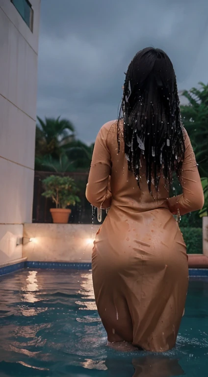Woman thrown in the pool in her fine clothes, at a party, ((dressed up)), ((expensive party frock)), jewelry, ((soaked)), ((drenched)), ((dripping wet)), ((looking at viewer)), coming out of the water, resurfacing, Crimson color myanmar dress , droplets, evening, photorealistic, bokeh, narrow focus, party guests, ((crowded)), outside, soft lighting, closeup, outdoors, night sky, cityscape, see through, transparent, nsfw, varied poses, emphasize round ass, produding round ass,