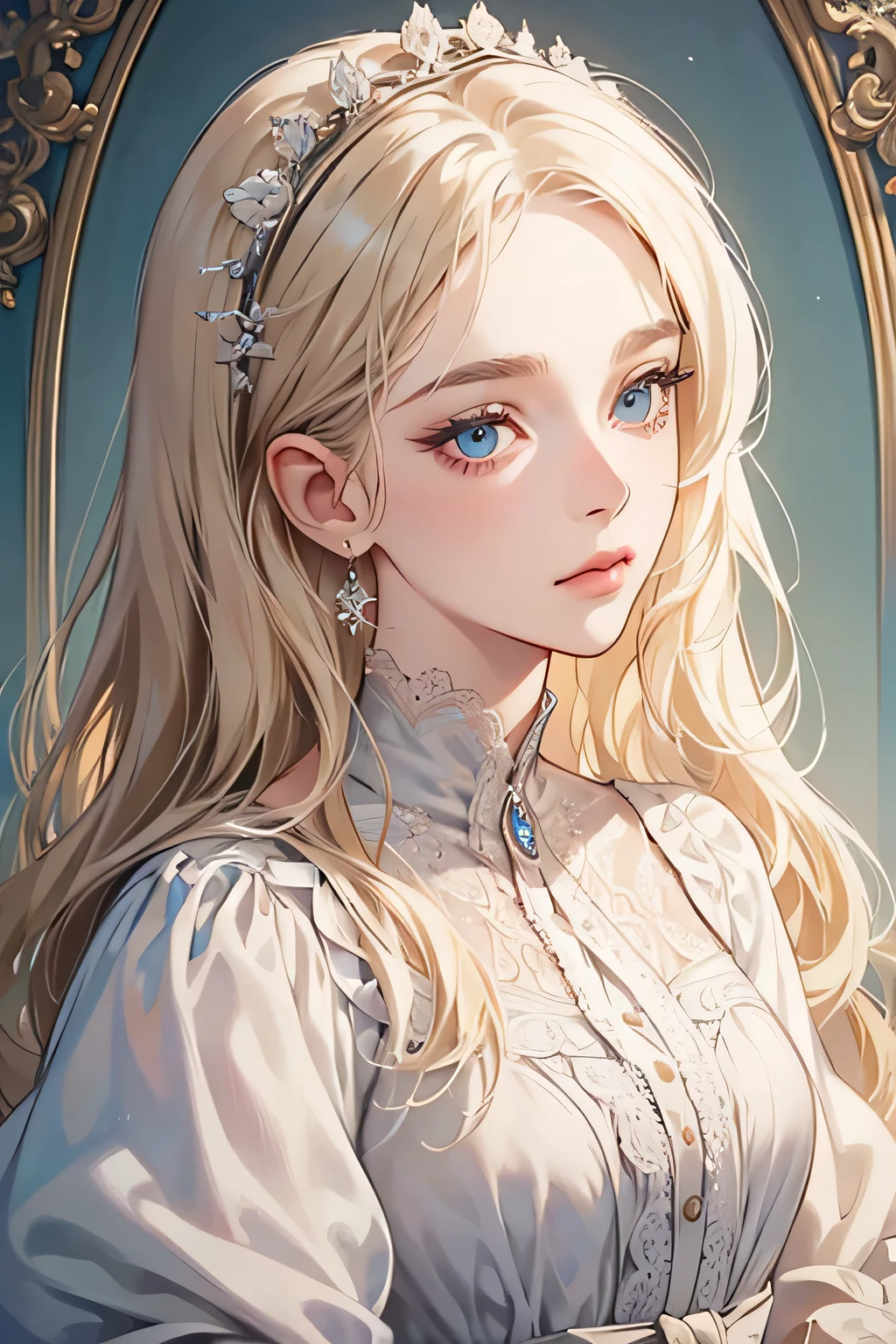 (extreamly delicate and beautiful:1.2), 8K,(masterpiece:1.0),(best_quality:1.0), 1 girl, and intricate detailing, Enlarged textures, and intricate detailing, finely eye and detailed face, and intricate detailing, shiraga, platinum blonde curls long hair, (closed mouths), Perfect eyes, Equal eyes, carolina eyes (A famale god) with dress yunani kuno vintage, carolina eyes perfect, perfect, earing, perfect body, carolina blue perfect eyes, lips nude, half body, look at camera