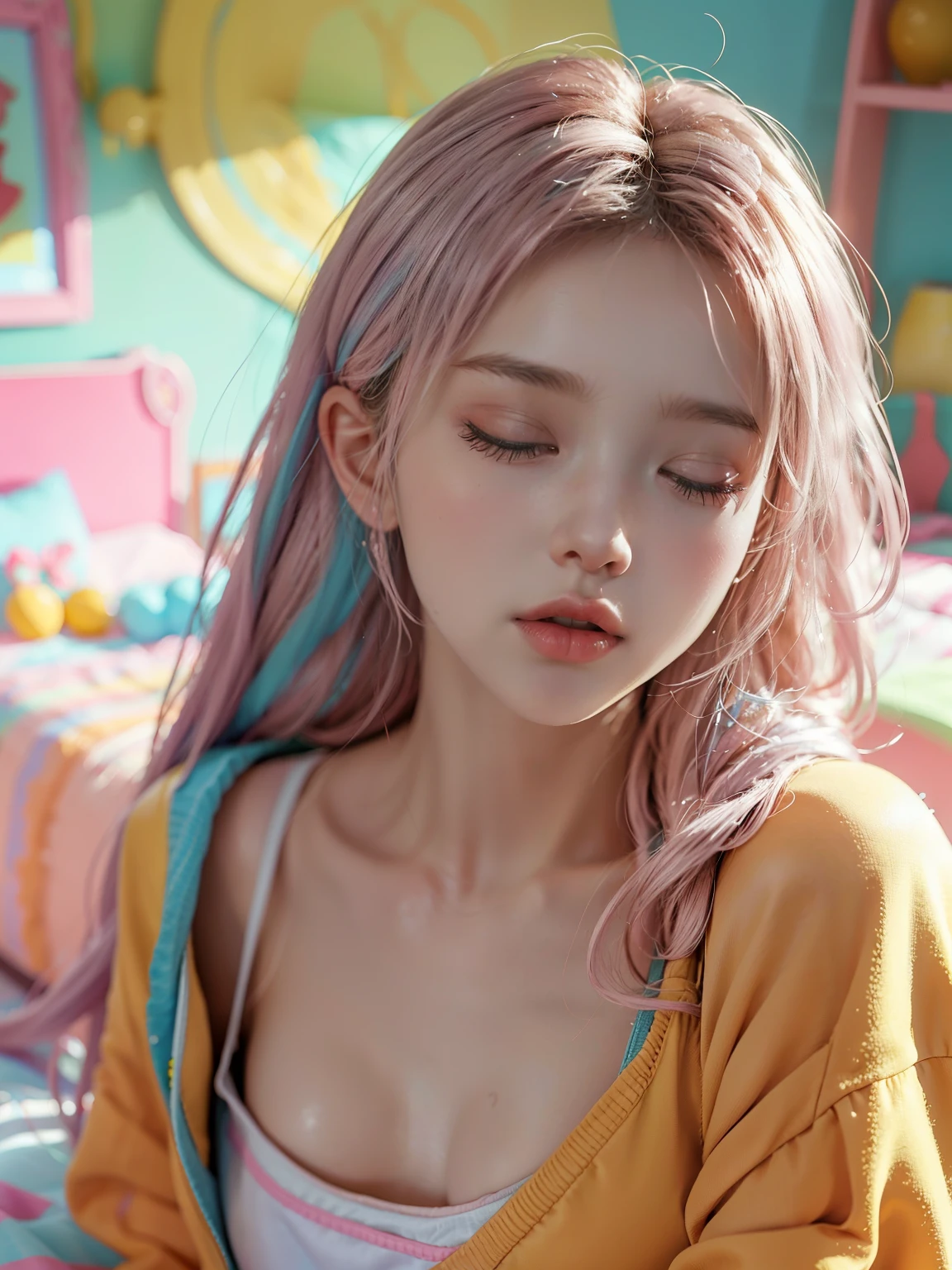 The overall image is realistic and photorealistic rendering. A teenage woman, a cute girl, a cute sleeping face, long eyelashes, and a toned body. Bright clothes, anime style, pastel colors. Sleeping in bed, lying down, eyes closed. Colorful background, bedroom, colorful POP room, bright room with sunlight, soft lighting (top quality, high resolution).
