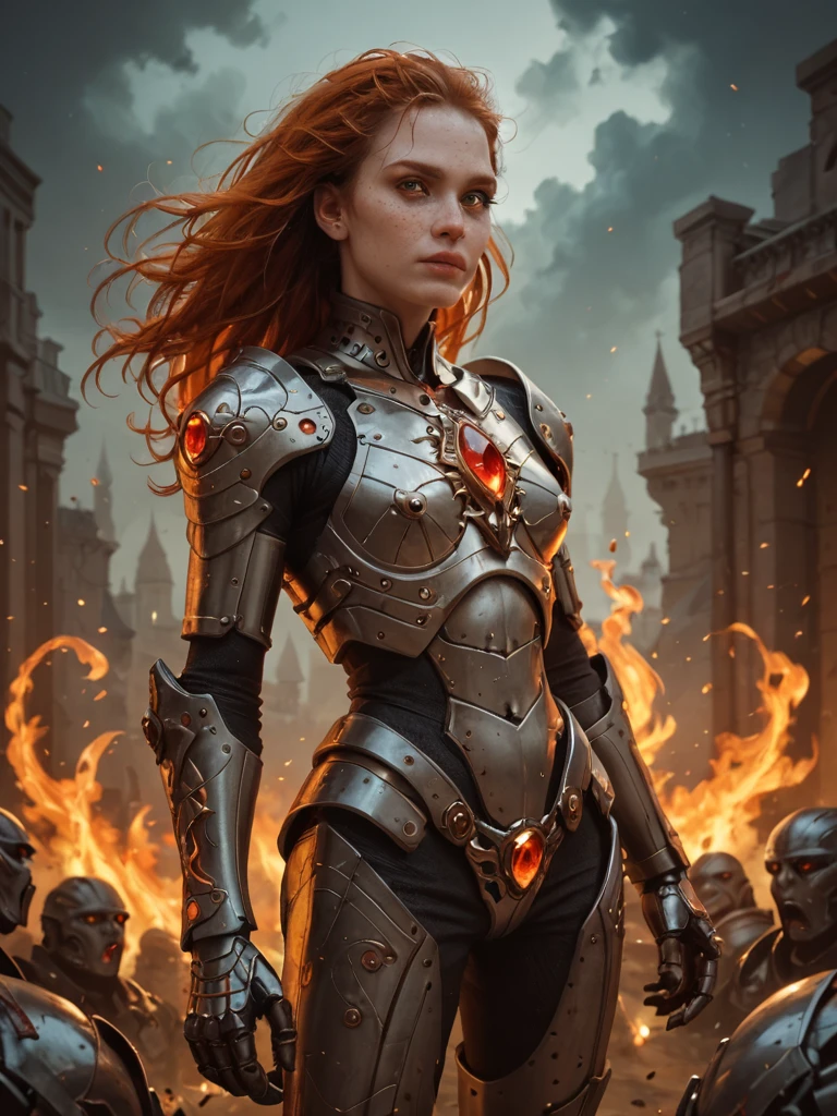 score_9, score_8_up,score_7_up, score_6_up, score_5_up, score_4_up, Alien, [female:Maude Adams:0.1], warrior, armored, metallic, fiery, red, hair, intense, eyes, orange, gem, forehead, freckles, dark, background, ethereal, mysterious, fierce