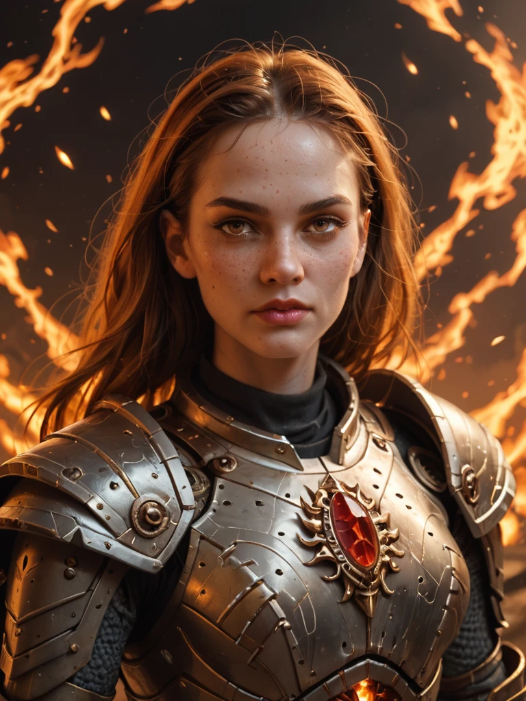 score_9, score_8_up,score_7_up, score_6_up, score_5_up, score_4_up, Alien, [female:Maude Adams:0.1], warrior, armored, metallic, fiery, red, hair, intense, eyes, orange, gem, forehead, freckles, dark, background, ethereal, mysterious, fierce