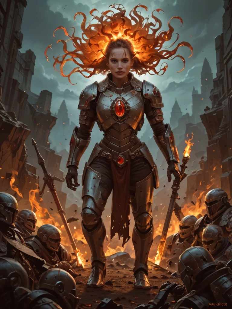 score_9, score_8_up,score_7_up, score_6_up, score_5_up, score_4_up, Alien, [female:Maude Adams:0.1], warrior, armored, metallic, fiery, red, hair, intense, eyes, orange, gem, forehead, freckles, dark, background, ethereal, mysterious, fierce