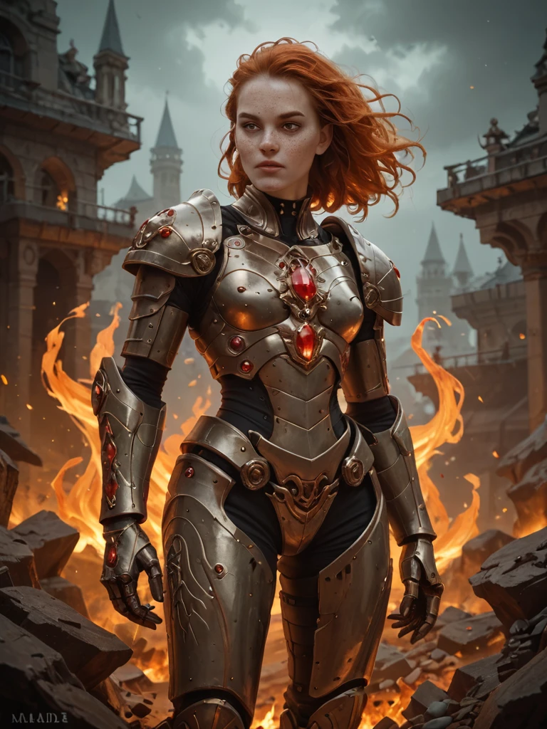 score_9, score_8_up,score_7_up, score_6_up, score_5_up, score_4_up, Alien, [female:Maude Adams:0.1], warrior, armored, metallic, fiery, red, hair, intense, eyes, orange, gem, forehead, freckles, dark, background, ethereal, mysterious, fierce