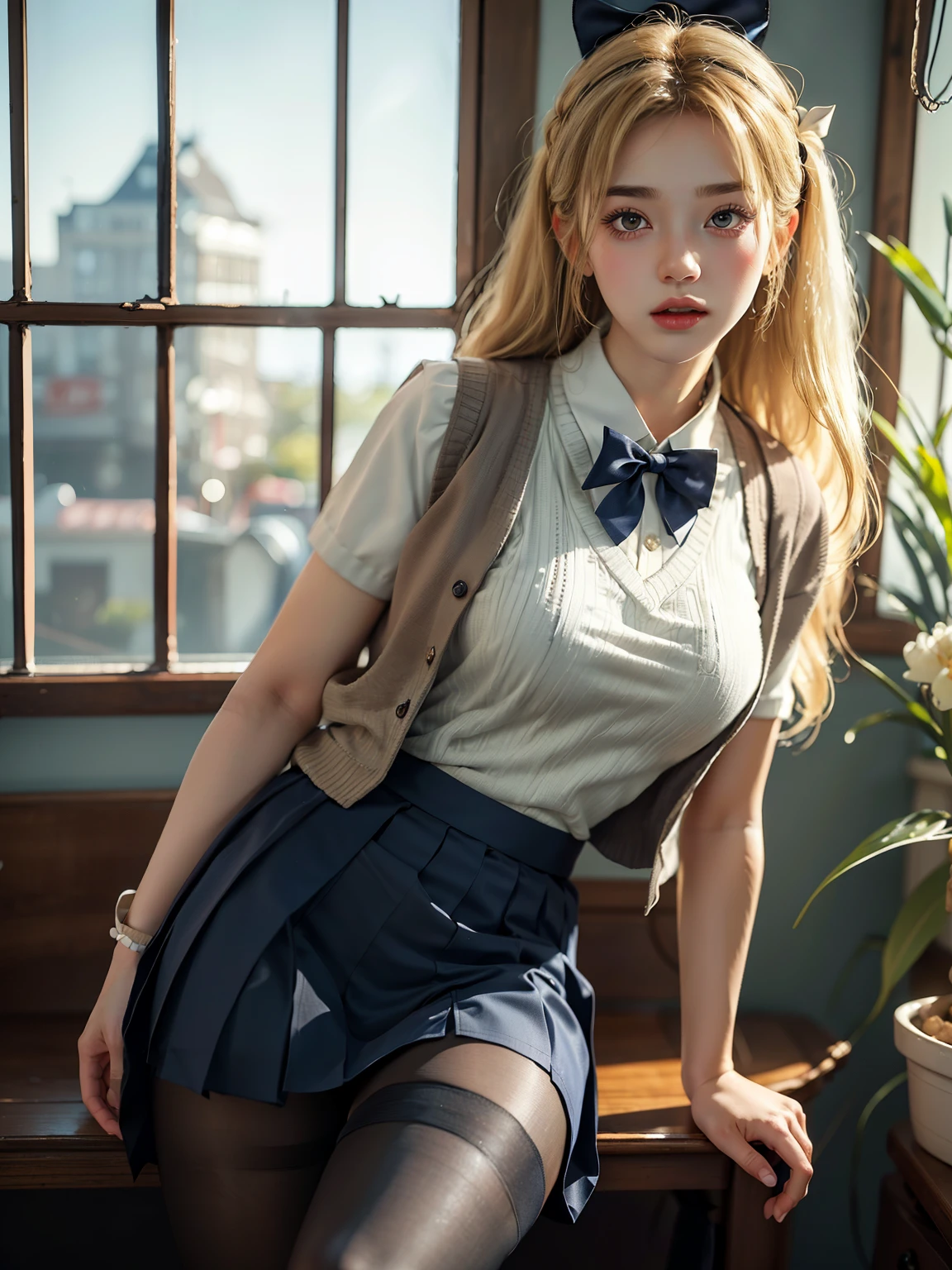 (masterpiece:1.2, highest quality), (Realistic, photoRealistic:1.4), Beautiful illustrations, (Natural Side Lighting, Cinema Lighting), Written boundary depth, 見る者を見つめるBeautiful thighs, (Face Focus, Upper Body), Front view, 1 girl, English, high school girl, , Perfect Face, Symmetrical cute face, Shiny skin, Random Uniform、 (Random Hairstyles、blonde), Big eyes, long eyelashes chest), thin, expensive、 Beautiful Hair, Beautiful Face, Beautiful and beautiful eyes, Beautiful clavicle, Beautiful body, Beautiful breasts, Beautiful thighs, Beautiful legs, Beautiful fingers, ((High-quality fabric, brown knit vest, Short sleeve white collar shirt, Navy Pleated Skirt, Navy bow tie)), (Beautiful views), evening, (Inside the flower shop), Are standing, (smile, Superior, Open your mouth), (((Skirt flip, Panties and pantyhose are visible)))