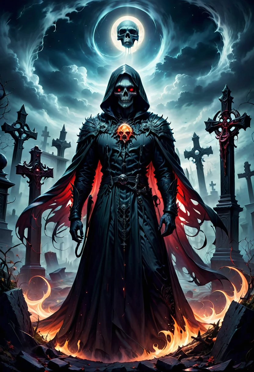 (best quality,4k,8k,highres,masterpiece:1.2),ultra-detailed,(realistic,photorealistic,photo-realistic:1.37),Black Grim Reaper,dark silhouette,cloaked figure,rustling black robes,long scythe,glowing red eyes,ominous presence,hovering darkness,dark ethereal figure,nightmarish specter,sinister aura,harbinger of death,eerie atmosphere,mysterious entity,shadows enveloping,haunting visage,menacing expression,skull-like face,otherworldly being,terrifying figure,reaping souls,glimpse of the afterlife,dreadful embodiment,ominous rituals,desolate cemetery,grim and somber,ominous moonlit night,darkened sky,thick fog,ominous whispers,lurking in shadows,eternal darkness,bone-chilling encounter,death's cold grip,intense and brooding,ominous catalyst,ominous cloak of despair,evil personified,intertwined with shadows,impending doom,abyssal realm,shivering in fear,eternal slumber. aesthetic
