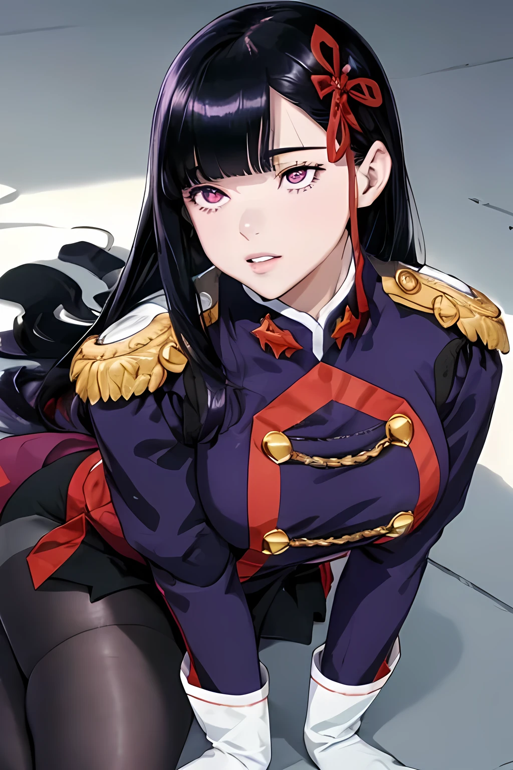 ((best quality)), ((masterpiece)), (detailed), (high resolution), perfect face, 1 Women, (violet slit eyes:1.3), (long black hair), Straight across bangs, (grown-up face:1.4), parted lips, medium breasts, lower body, (leaning forward:1.3), Stimulating, (anime coloring:1.1), (high angle:1.5), (Two old men:1.4), Stimulating, (man touch buttocks:1.2), (Yamashiro Ren), Mato Seihei no Slave, motion lines, motion blur, bouncing breasts , blunt bangs, hair ornament, add more details, military uniform, epaulettes, leashed pov , white gloves, looking at viewer, red cape, black pantyhose, long hair hair over one eye, masterpiece, hair ribbon, soles,