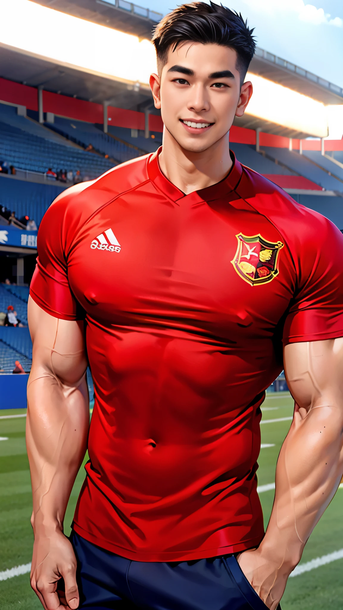 1 man, smile, (wear red dress, round neck, short sleeve football shirt.), Navy cargo pants, Korean guy , korean men, (High gloss details), chest muscles, Big arm muscles, blood vessel, big muscles, Broad shoulders, looking at the audience, Balancing the eyes, (Make eye contact), sports stadium, football