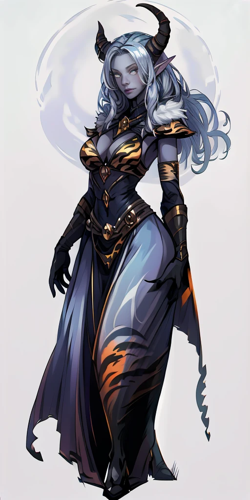 full body looking to viewer standing straight symmetrical against contrapposto yellow tiger print BIKINI stockings sleeves, hands on waist hips, navel, (grey eyes:1.5) grey long hair, best quality, (masterpiece),(ultra-detailed), (high quality), (high resolution),1girl, aurora atria, bangs, bare arms, blue dress, bow, crescent, crescent hair ornament, curled horns, dress, fur trim, grey hair, hair ornament, horns, purple eyes, sheep horns, simple background, upper body, white gloves,cape, star hair ornament,