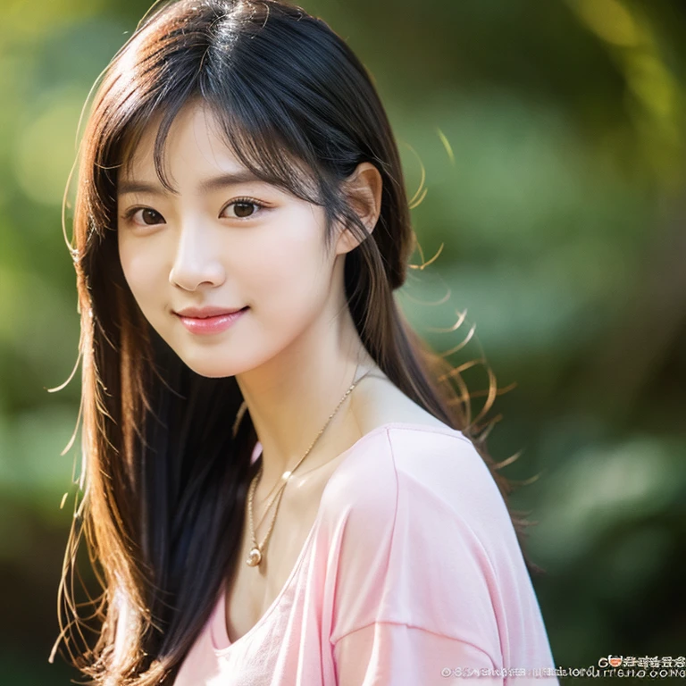 Shot with a high quality Fuji 45 camera.,000,000 pixels,) ) Realistic light colors ,) 16kUHD image, Close-up photo of a cute Korean woman, Looking straight at you intently, in different actions, His eyes had a seductive, sexy smile.,) ,Chest size 38 inches, ponytail, His hair is thick and black. His hair is long, black, and it flows up with the wind.,) Wear a light pink t-shirt.,), necklace, ในร้านกาแฟ ในร้านกาแฟมีจอทีวีขนาดใหญ่กำลังเปิด ในร้านกาแฟมีจอทีวีขนาดใหญ่กำลังเปิดRealistic light colors,)