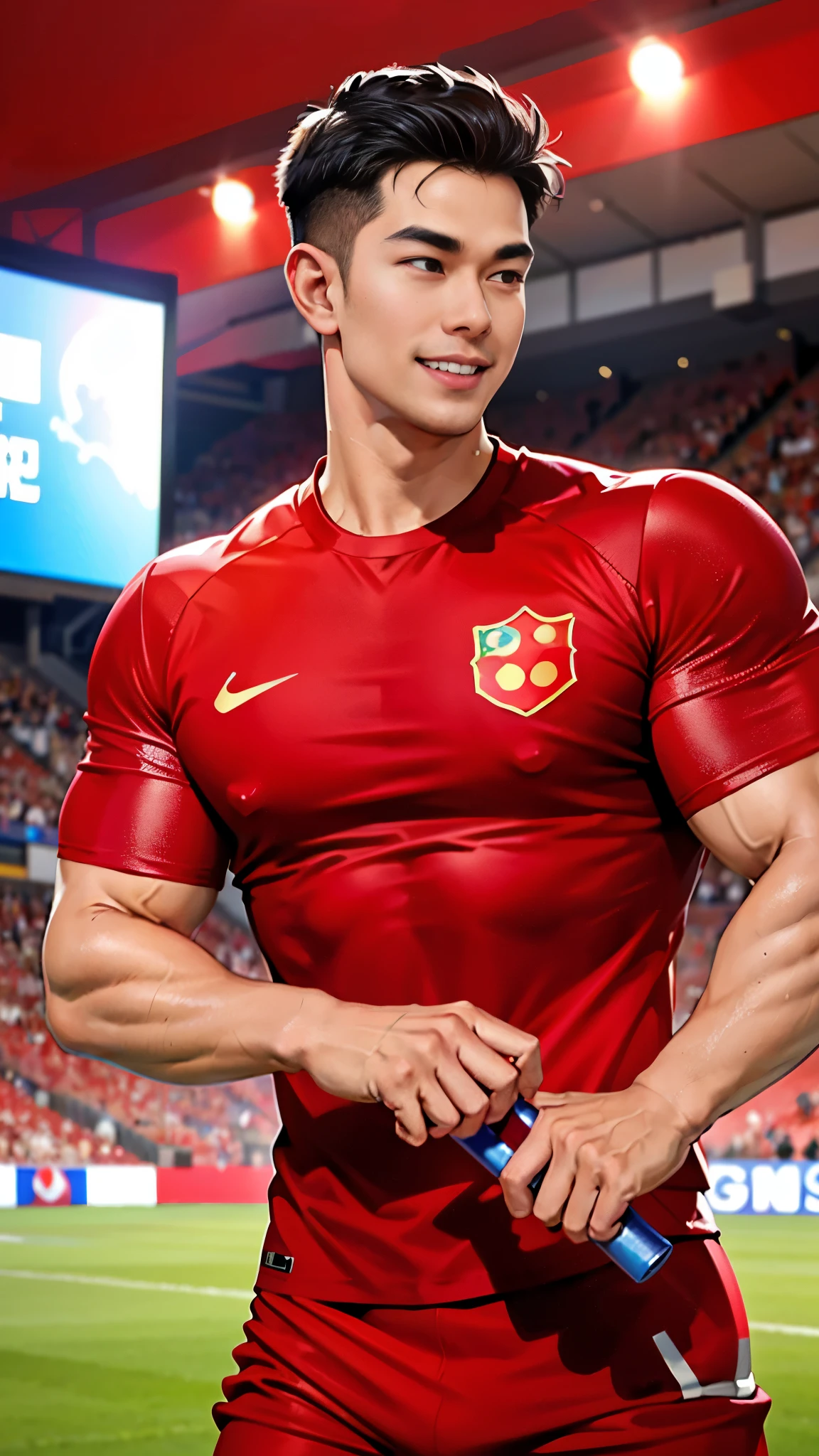 1 man, smile, (wear red dress, round neck, short sleeve football shirt.), Navy cargo pants, Korean guy , korean men, (High gloss details), chest muscles, Big arm muscles, blood vessel, big muscles, Broad shoulders, looking at the audience, Balancing the eyes, (Make eye contact), sports stadium, football