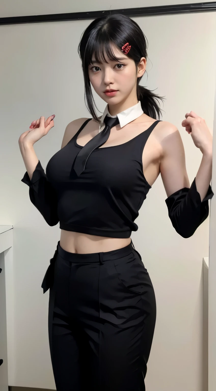 Highest quality、Ultra-high resolution、Professional Lighting、Detailed Background、workroom、full body,Kobeni-chan、A sloppy smile、25-year-old woman、beautiful girl、(Kobeni-chan、Jet black hair, Black Hair, bangs, One-sided hair,)、(Red Hair Clip:1.1)、(White sleeveless shirt:1.2)+(Black tie:1.2)+(black long pants for work:1.2)、(Huge breasts that look like they might burst:1.2)、(Big thighs:1.1)、Troubled face、Confused Eyes、Raise your arms to show your sides、Are standing、