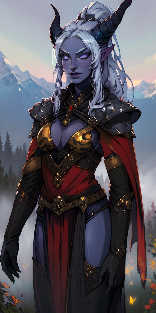 1 girl, (((oni girl))), (((red skin))), horns, white hair, ponytail, (((adventurer outfit))), explorer, researcher, fascinated expression, full body portrait, outside, forest, mountains, butterflies, flowery meadow, best quality, (masterpiece),(ultra-detailed), (high quality), (high resolution),1girl, aurora atria, bangs, bare arms, blue dress, bow, crescent, crescent hair ornament, curled horns, dress, fur trim, grey hair, hair ornament, horns, purple eyes, sheep horns, simple background, upper body, white gloves,cape, star hair ornament, yellow tiger print BIKINI stockings sleeves