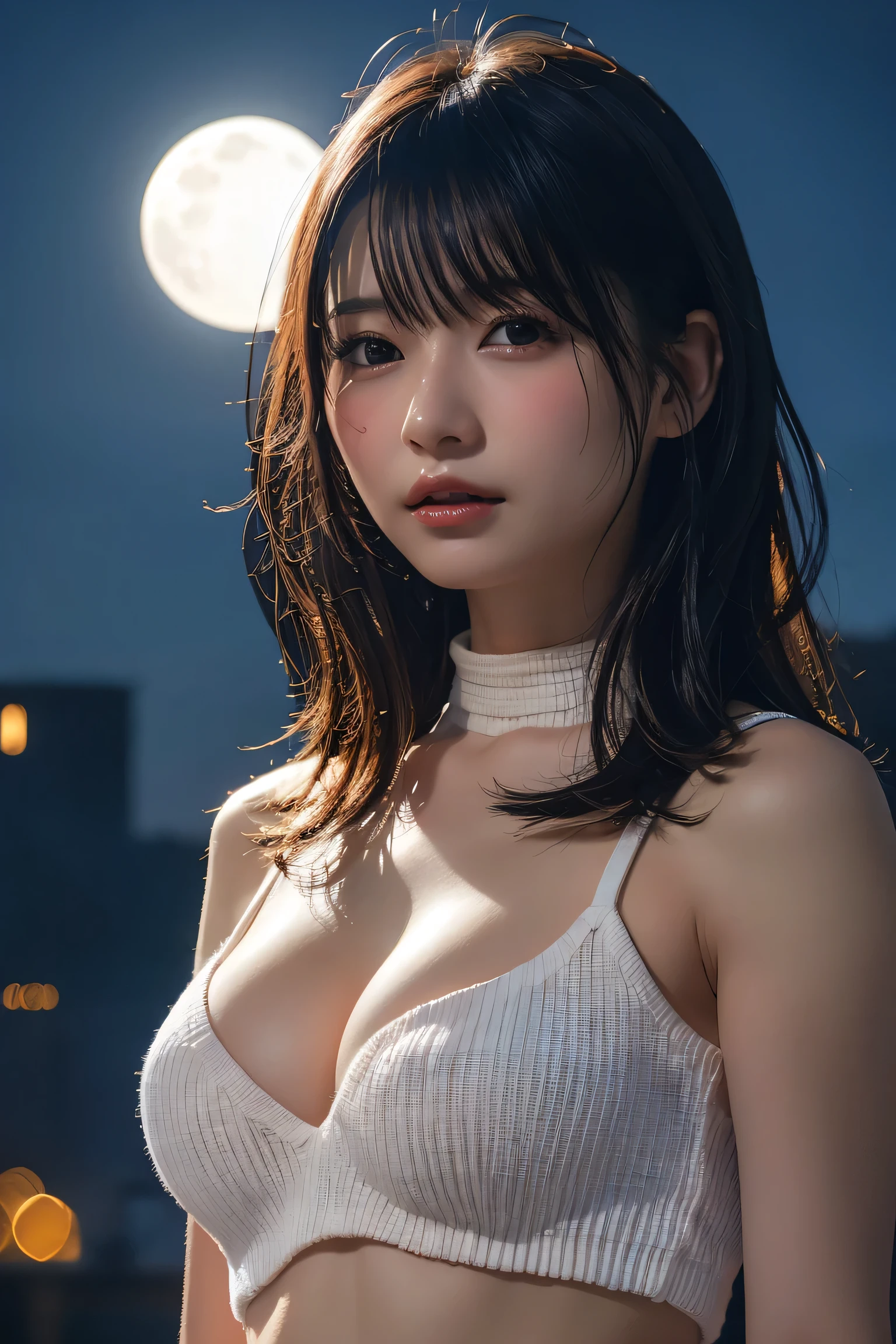 Stunningly beautiful woman, ((Glowing Skin)), One girl, Fluttering Hair, Very dark skin, Big Breasts, [Golden Eyes], Long Hair, eyeliner, An illustration：Hidenori Matsubara, Featuring detailed and stylized character designs, Smooth shading and texture, fantasy city background,  Subtle sparkle, Beautiful night with a full moon
