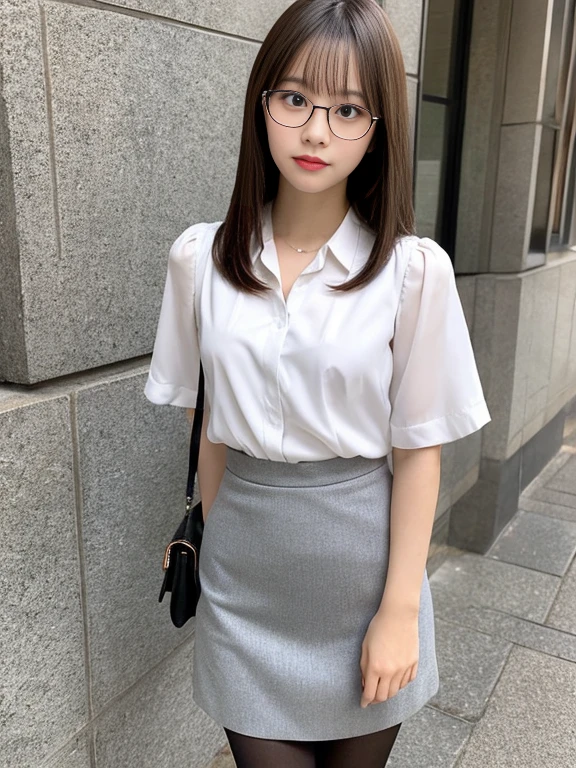 photo realistic, silver-rimmed glasses:1.8, full body shot, from below:1.6, photo of over the knees, medium wide shot photo, From below, One Girl,  detailed face, detailed eyes, blush cheeks, The cutest 14-year-old girl ,small breast:1.6, flat chest:1.6, pantyhose, pencil skirt, Simple white blouse,  medium wide shot photo