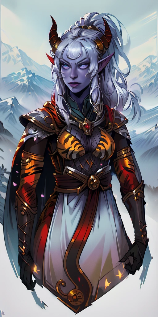 1 girl, (((oni girl))), (((red skin))), horns, white hair, ponytail, (((adventurer outfit))), explorer, researcher, fascinated expression, full body portrait, outside, forest, mountains, butterflies, flowery meadow, best quality, (masterpiece),(ultra-detailed), (high quality), (high resolution),1girl, aurora atria, bangs, bare arms, blue dress, bow, crescent, crescent hair ornament, curled horns, dress,  fur trim, grey hair, hair ornament, horns,  purple eyes, sheep horns, simple background, upper body, white gloves,cape, star hair ornament, yellow tiger print BIKINI stockings sleeves