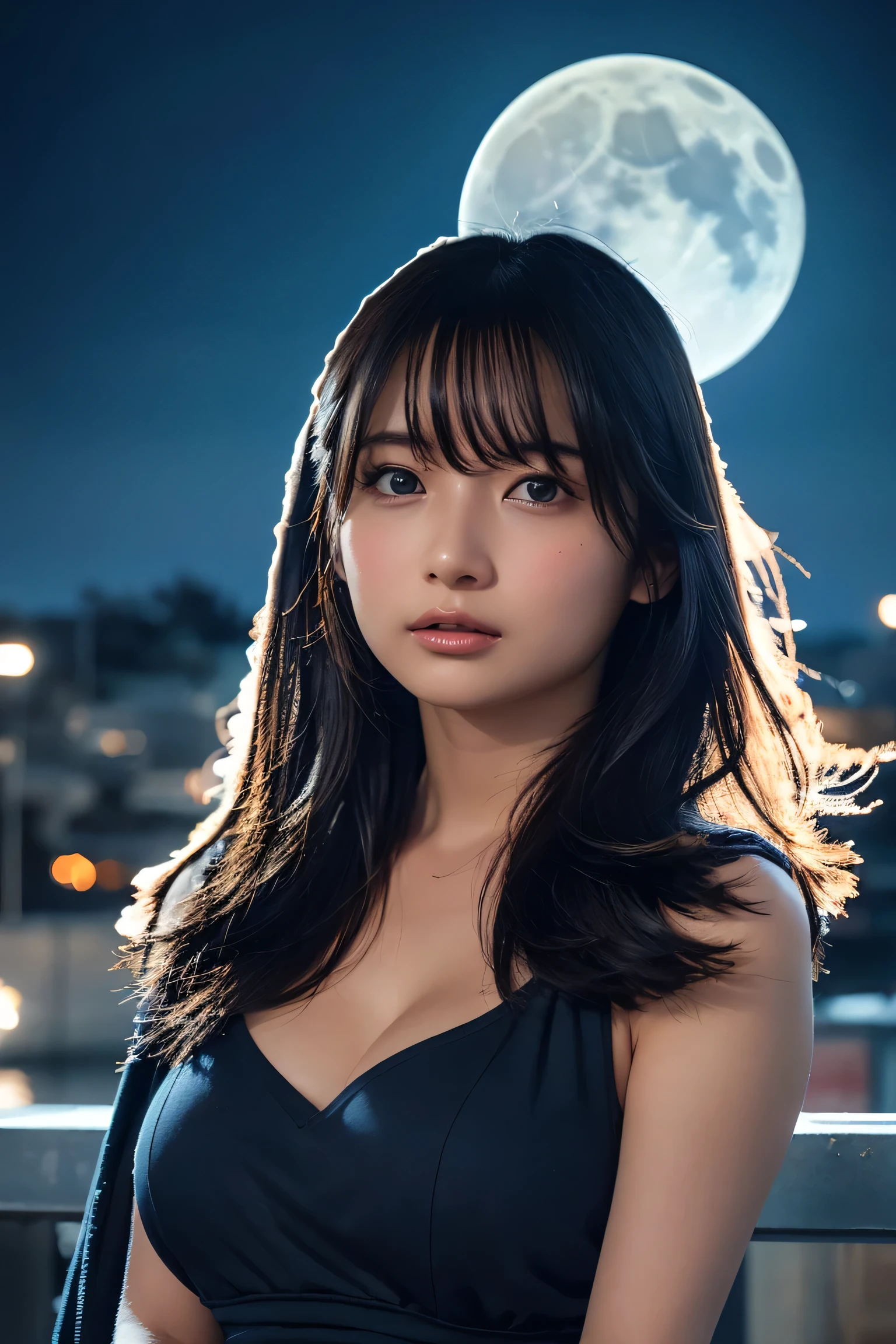 One Girl,Stunningly beautiful woman, ((Glowing Skin)), One girl, Fluttering Hair, Very dark skin, Big Breasts, [Golden Eyes], Long Hair, eyeliner, An illustration：Hidenori Matsubara, Featuring detailed and stylized character designs, Smooth shading and texture, fantasy city background,  Subtle sparkle, Beautiful night with a full moon