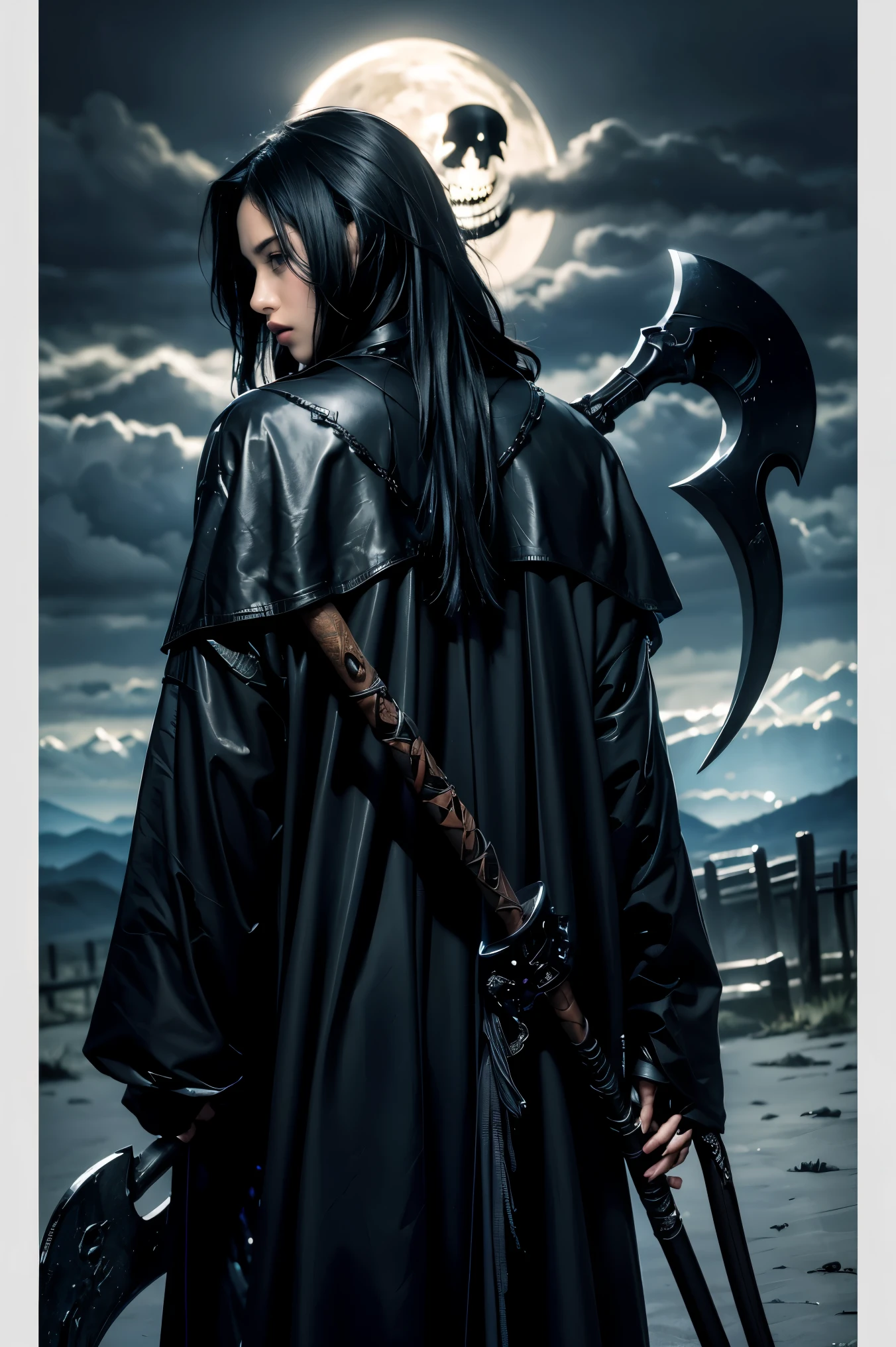 ((masterpiece, highest quality, Highest image quality, High resolution, photorealistic, Raw photo, 8K)), ((Extremely detailed CG unified 8k wallpaper)), Black Grim Reaper, arafed grim with scythe in the dark with a scythe in his hand, grim reaper, man with scythe, the grim reaper, holding a scythe, reminded me of the grim reaper, portrait of grim reaper, back view of the grim reaper, reaper of night!!!!, the reaper, the harbringer of death, the reaper as a scary, 