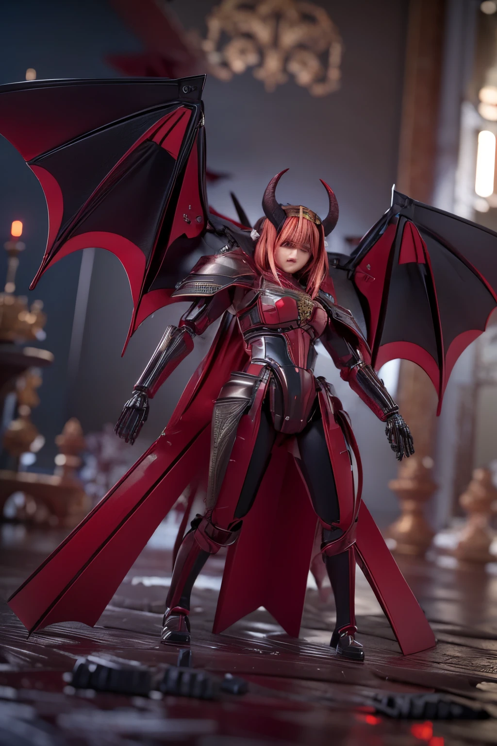 (masterpiece, best quality:1.2), (8k uhd, 16k, 32k, ultra high res), (photorealistic:1.37), (RAW photo), ultimate-realistic, ultimate-realistic details, ultimate-realistic texture, ultimate-intricate details, ultimate-realistic lighting, ultimate-realistic shadow, japanese girl, ultimate-cute face, ultimate-RAW skin, ultimate-realistic eyes, (mechanical:1.4), (armor), full body, wide shot, Evil organization, demons, horns, bat wings, red hair, bob cut, mechanical armor, reddish-black skin, red eyes, flying with Satanic castle in background