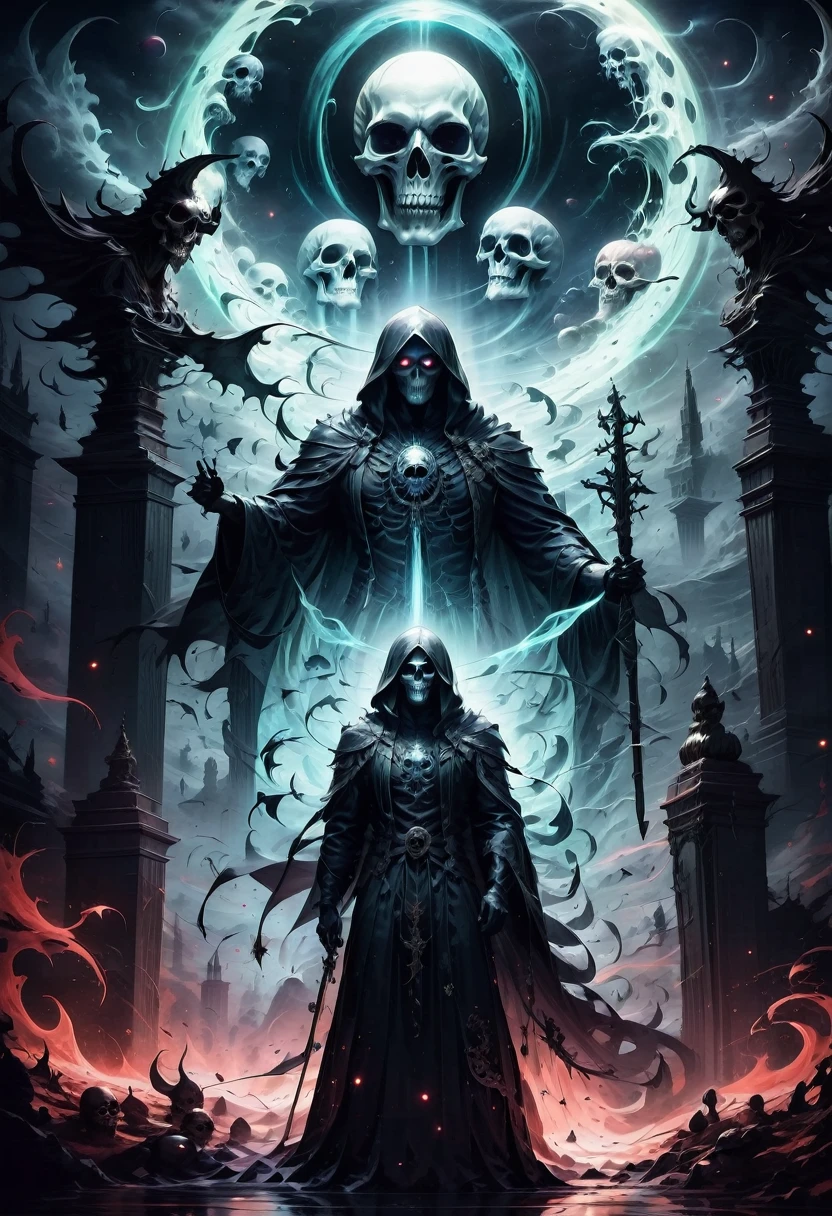 (best quality,4k,8k,highres,masterpiece:1.2),ultra-detailed,(realistic,photorealistic,photo-realistic:1.37),Black Grim Reaper,dark silhouette,cloaked figure,rustling black robes,long scythe,glowing red eyes,ominous presence,hovering darkness,dark ethereal figure,nightmarish specter,sinister aura,harbinger of death,eerie atmosphere,mysterious entity,shadows enveloping,haunting visage,menacing expression,skull-like face,otherworldly being,terrifying figure,reaping souls,glimpse of the afterlife,dreadful embodiment,ominous rituals,desolate cemetery,grim and somber,ominous moonlit night,darkened sky,thick fog,ominous whispers,lurking in shadows,eternal darkness,bone-chilling encounter,death's cold grip,intense and brooding,ominous catalyst,ominous cloak of despair,evil personified,intertwined with shadows,impending doom,abyssal realm,shivering in fear,eternal slumber. aesthetic