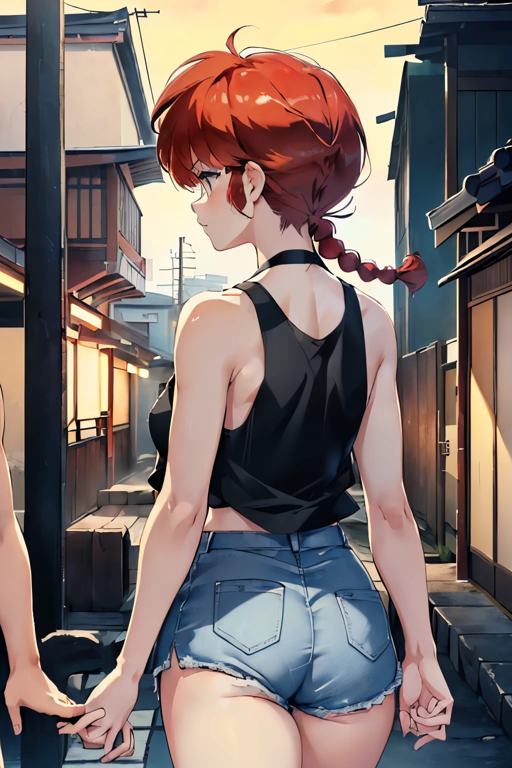 ((masterpiece)), high quality, very_high_resolution, large_filesize, full color, heavy outline, clear outline, colorful, 1girl is Ranma, 1boy is boy-friend, ((couple)), (femaleranma), (red hair), short hair, (braided ponytail), ((bangs)), bumpy bangs, curvy, femaleranma, walking, ((cowboy shot:1.4)), from behind, ass focus, (beautiful nape of neck), ((occipital head:1.4)) , ((back view)), ((night town)), walking, (Ranma and her boy-friend walk downtown.), (ginzan onsen), ((Boyfriend is wearing black tank top.:1.4)), ((Ranma is wearing white camisole)), ((Ranma is wearing denim hot pants)), ((hold hands)),