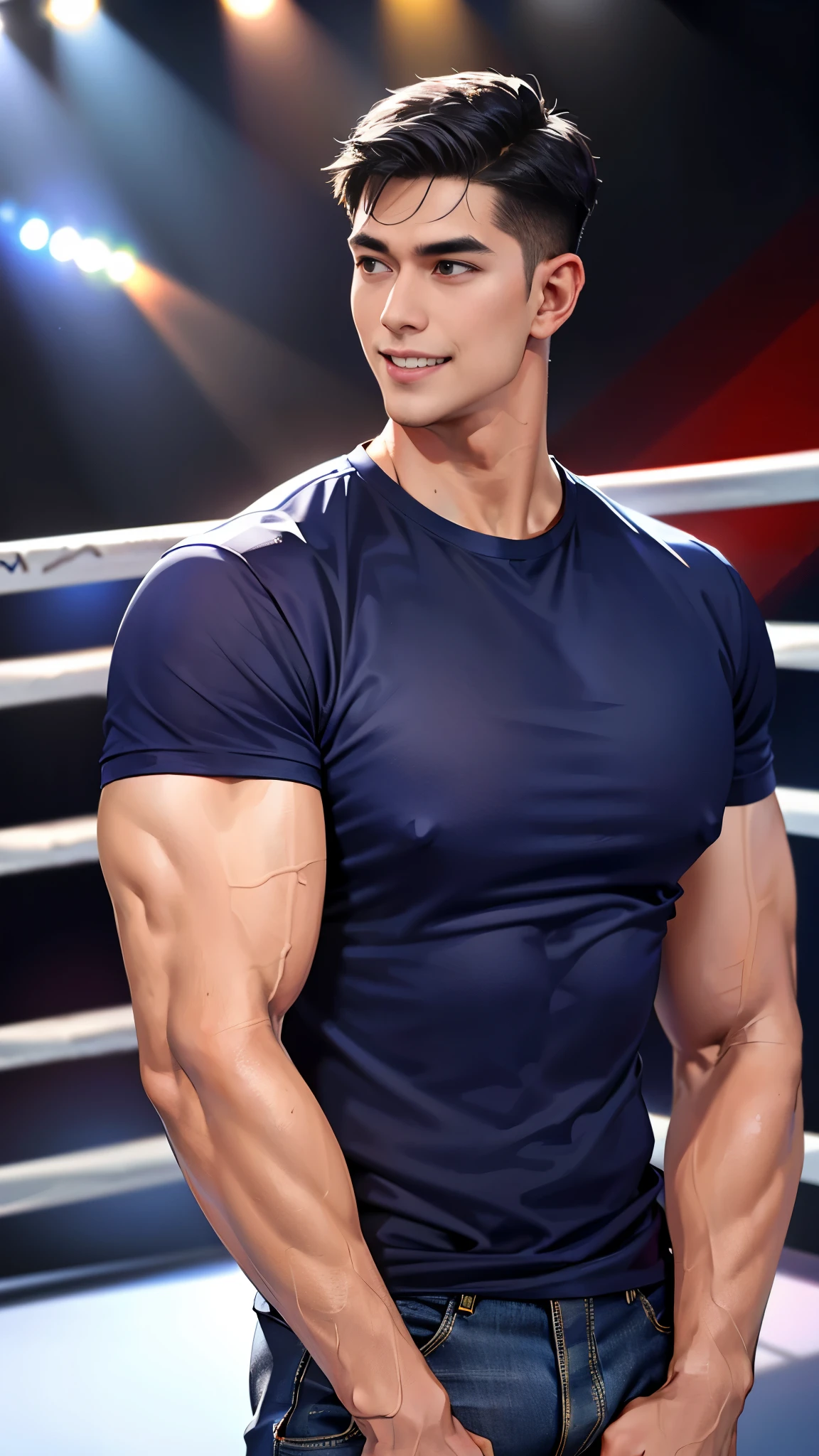 1 man, smile, (Wear a navy round neck shirt.), (Navy blue round neck shirt., short sleeve ฟุตบอล shirt.), Jeans, Korean guy , korean men, (High gloss details), chest muscles, Big arm muscles, blood vessel, big muscles, Broad shoulders, looking at the audience, Balancing the eyes, (Make eye contact), (boxing ring: 1.3)
