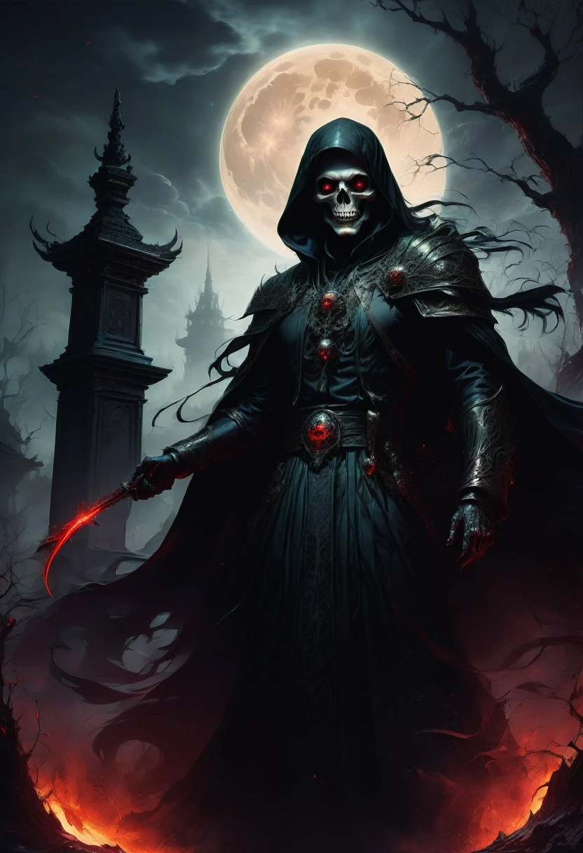 (best quality,4k,8k,highres,masterpiece:1.2),ultra-detailed,(realistic,photorealistic,photo-realistic:1.37),Black Grim Reaper,dark silhouette,cloaked figure,rustling black robes,long scythe,glowing red eyes,ominous presence,hovering darkness,dark ethereal figure,nightmarish specter,sinister aura,harbinger of death,eerie atmosphere,mysterious entity,shadows enveloping,haunting visage,menacing expression,skull-like face,otherworldly being,terrifying figure,reaping souls,glimpse of the afterlife,dreadful embodiment,ominous rituals,desolate cemetery,grim and somber,ominous moonlit night,darkened sky,thick fog,ominous whispers,lurking in shadows,eternal darkness,bone-chilling encounter,death's cold grip,intense and brooding,ominous catalyst,ominous cloak of despair,evil personified,intertwined with shadows,impending doom,abyssal realm,shivering in fear,eternal slumber. aesthetic