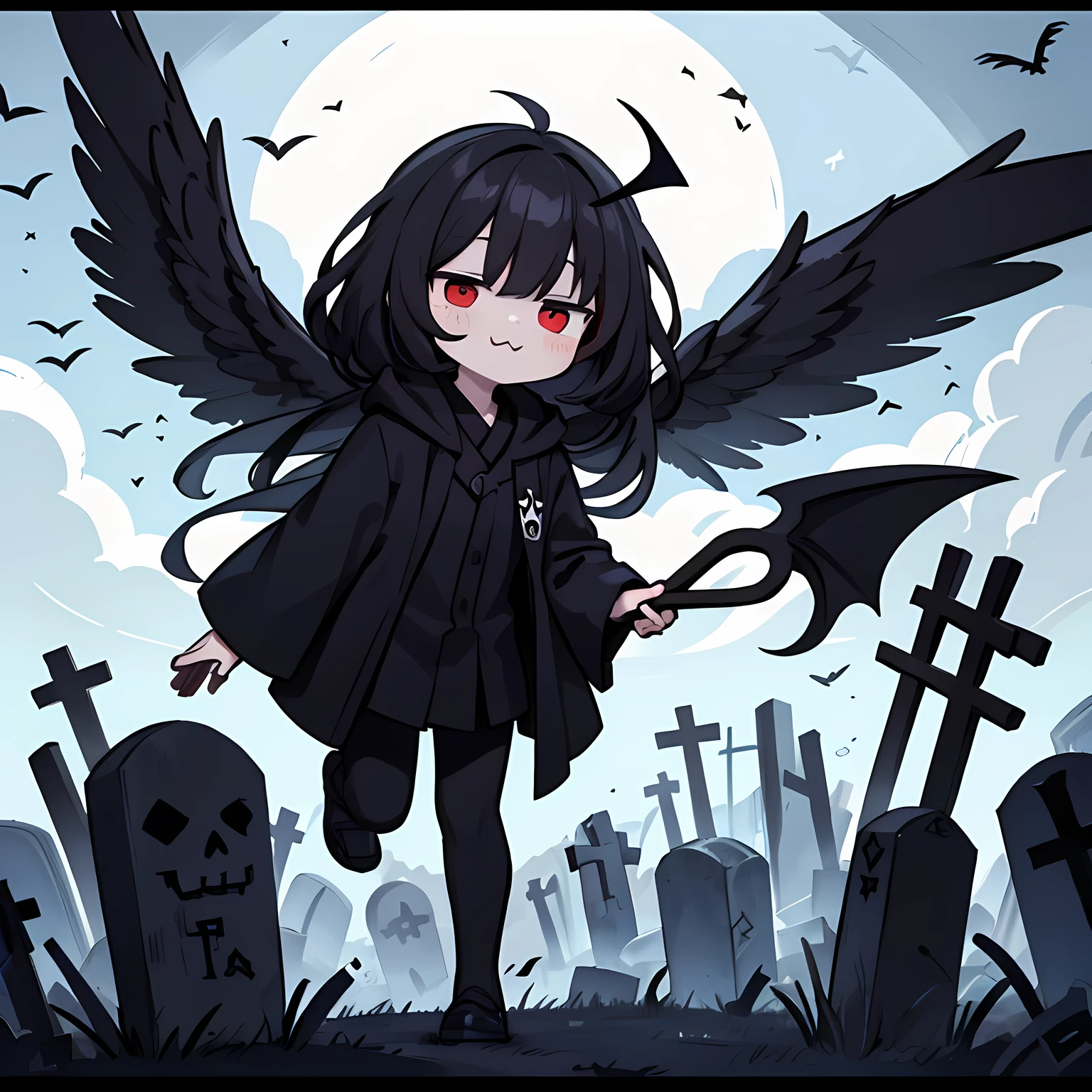 a Black Grim Reaper, black robe, black wings, kawaii,:3, graveyard, flying souls, 