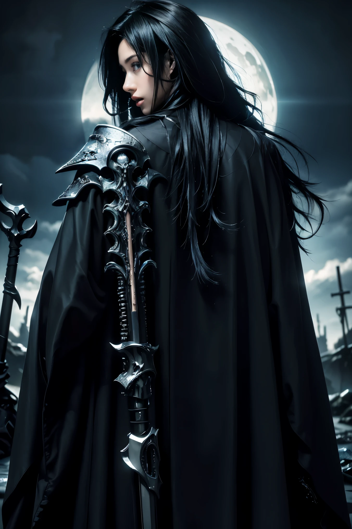 A man with very very long black hair, white face, gray black armor, a very long sword in his hand is looking down, looking at the sky and going up,a large black angel standing in front of a crowd of people, by Aleksi Briclot, greg rutkowski and luis royo, dark angel, dark fantasy digital art, by Bastien L. Deharme, luis royo and greg rutkowski, by Ross Tran, by Clint Cearley, artstyle greg rutkowski, zdzislaw beksinski