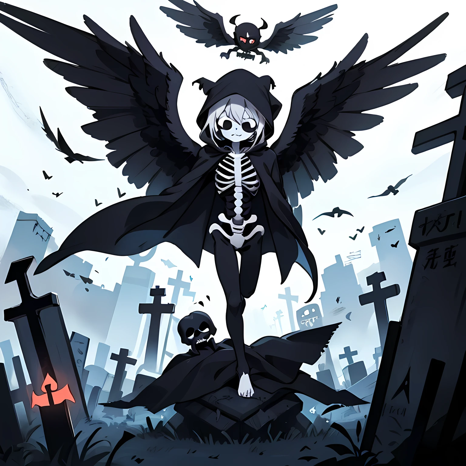 a Black Grim Reaper, white skeleton, black robe, black wings, kawaii,:3, graveyard, flying souls, 