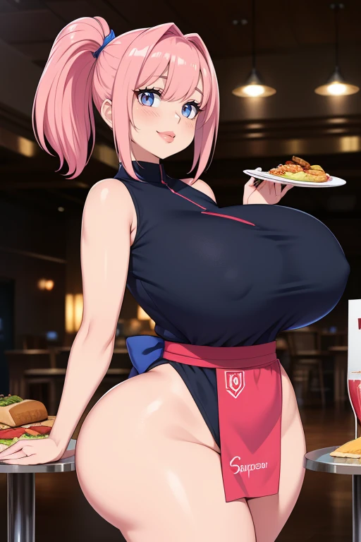 pelo rosa, pelo color rosa intenso, pink hair, ojos azules intenso, ojos color azul, intense blue eyes, electric blue eyes, blue eye color, labios enormes, labios hinchados, ponytails hairstyle, ponytails, pechos grandes, pechos enormes, Figura de reloj de arena, (cintura estrecha), confianza, superioridad, bratty, brat, malcriado, bully, muslos gruesos, pendientes, arriba, diafragma, sonrisa, medio plano, evil sonrisa, sudoroso, cara de gemido, waitress, serving food, big tits, from the front, in a expensive restaurant (tables, food, people on background, ilumination), big breasts, grande culo , big hips, front