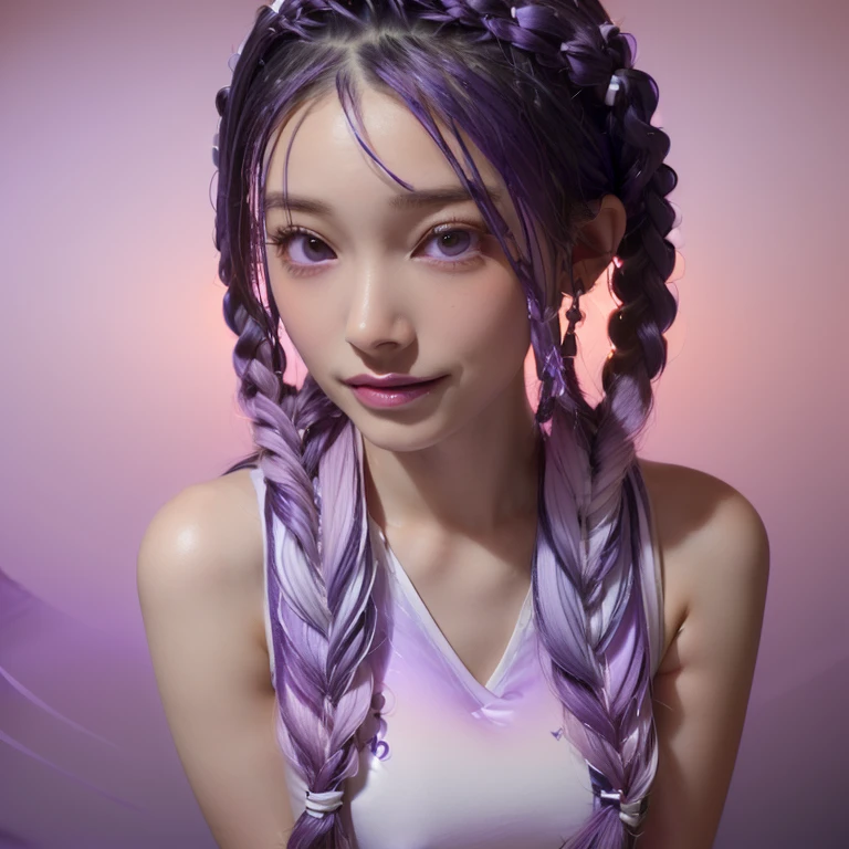 Inji、One incredibly beautiful girl、(Purple and white gradient_Her hair is flowing in twin braids as long as her height.:1.9)、Captivating large purple eyes、Big breasts、Slope_hair、Indifference、kind、smile、Black and grey cyberpunk outfit
