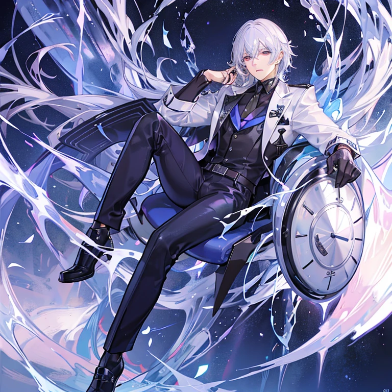 A 19-year-old male character, white hair with light blue and purple highlights, largo amarrado en una coleta. cuerpo semi musculoso, atractivo y alto, eyes in blue and purple gradient. Ropa semiformal, black pants and white shirt with shiny details.