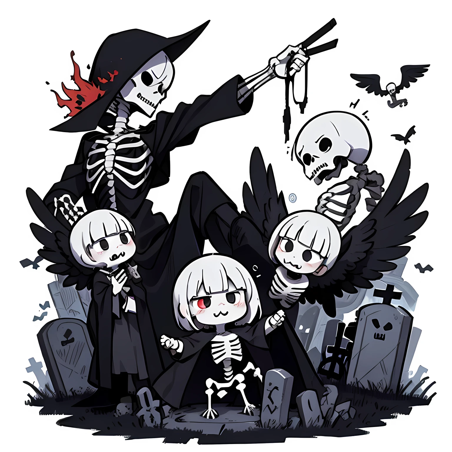 a Black Grim Reaper:white skeleton, black robe, black wings, kawaii,:3, graveyard, flying souls,