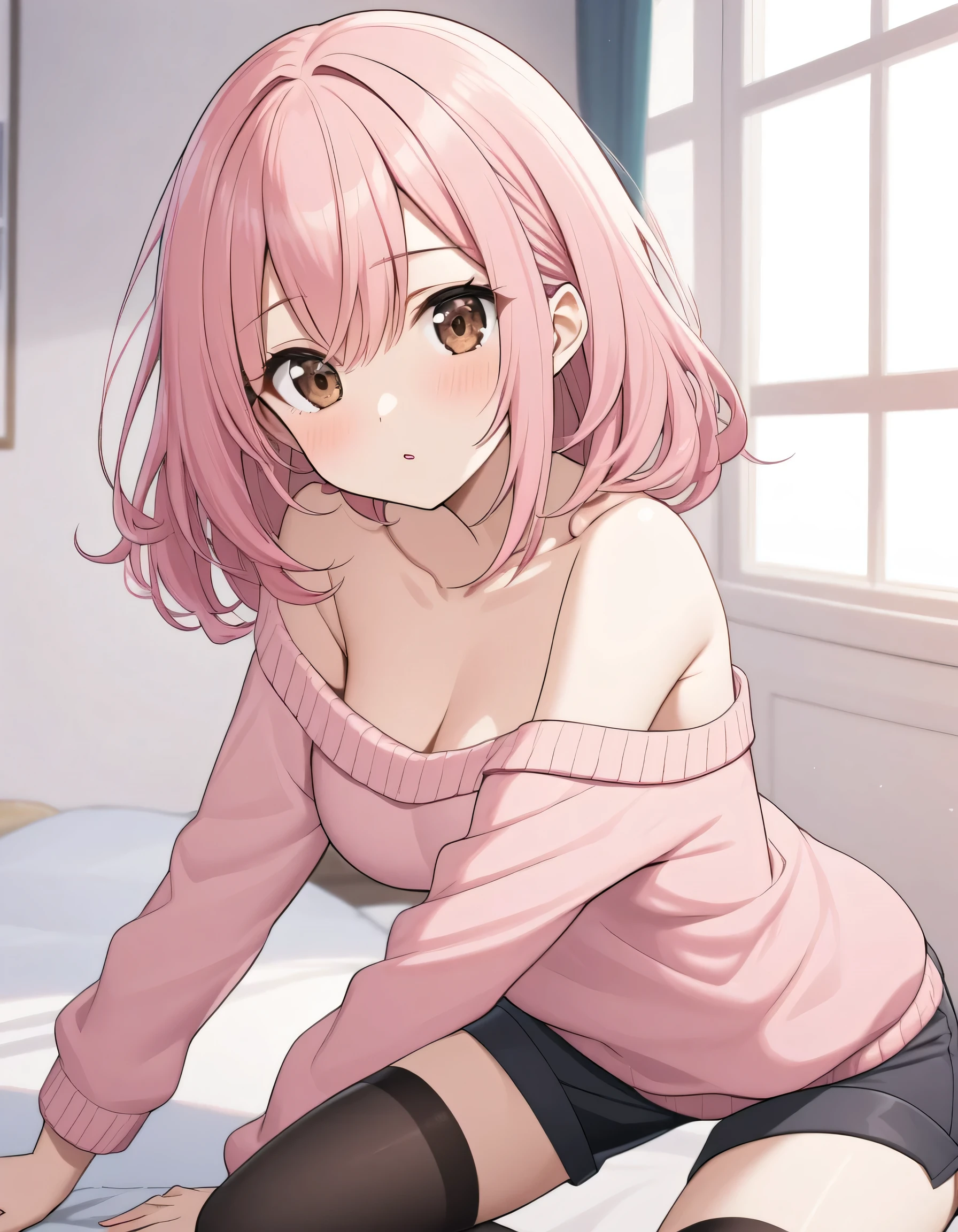 ((Anime girl)), ((Long pastle pink hair)), ((Brown eyes)), ((Off-shoulder pink sweater)), ((Shorts)), ((Black stockings)).