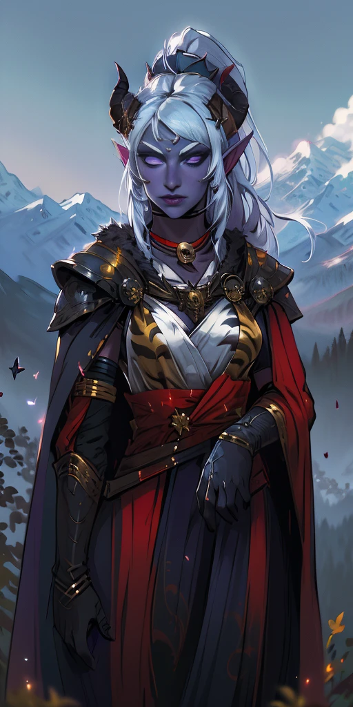 1 girl, (((oni girl))), (((red skin))), horns, white hair, ponytail, (((adventurer outfit))), explorer, researcher, fascinated expression, full body portrait, outside, forest, mountains, butterflies, flowery meadow, best quality, (masterpiece),(ultra-detailed), (high quality), (high resolution),1girl, aurora atria, bangs, bare arms, blue dress, bow, crescent, crescent hair ornament, curled horns, dress,  fur trim, grey hair, hair ornament, horns,  purple eyes, sheep horns, simple background, upper body, white gloves,cape, star hair ornament, yellow tiger print BIKINI stockings sleeves, sex slave collar choker neck bell 