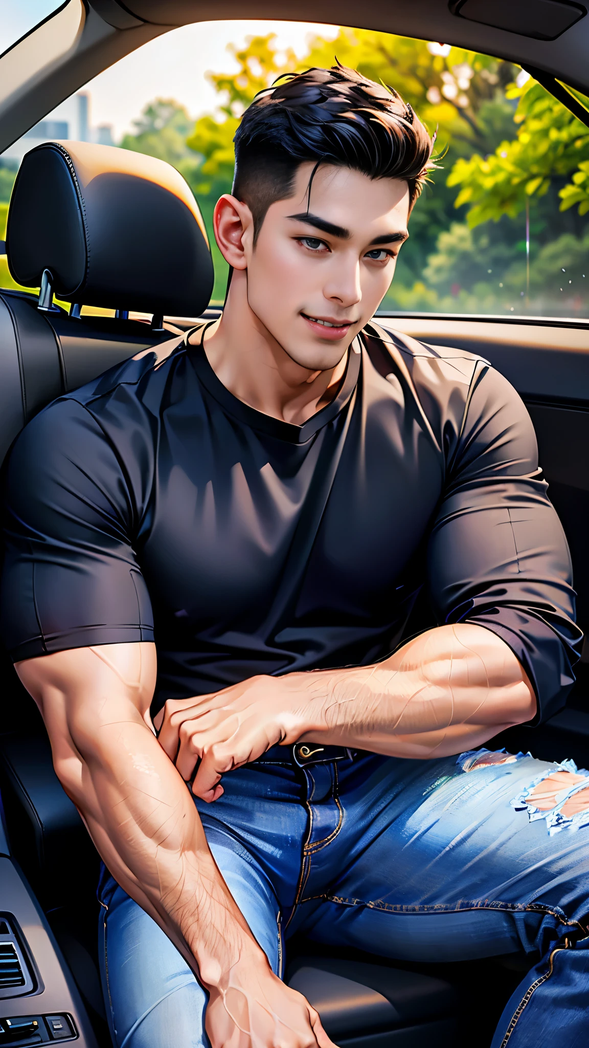 (Create a masterpiece: 1.2),(CGI art:1.3),(realistic:1.5),(After processing:1.3), (Sharp focus:1.3), 1 man in the car, smile, (Wear a black shirt), Wet shirt, Jeans, Korean guy , korean men, (High gloss details), Big muscles, Broad shoulders, looking at the audience, Balancing the eyes, (Car Interior)