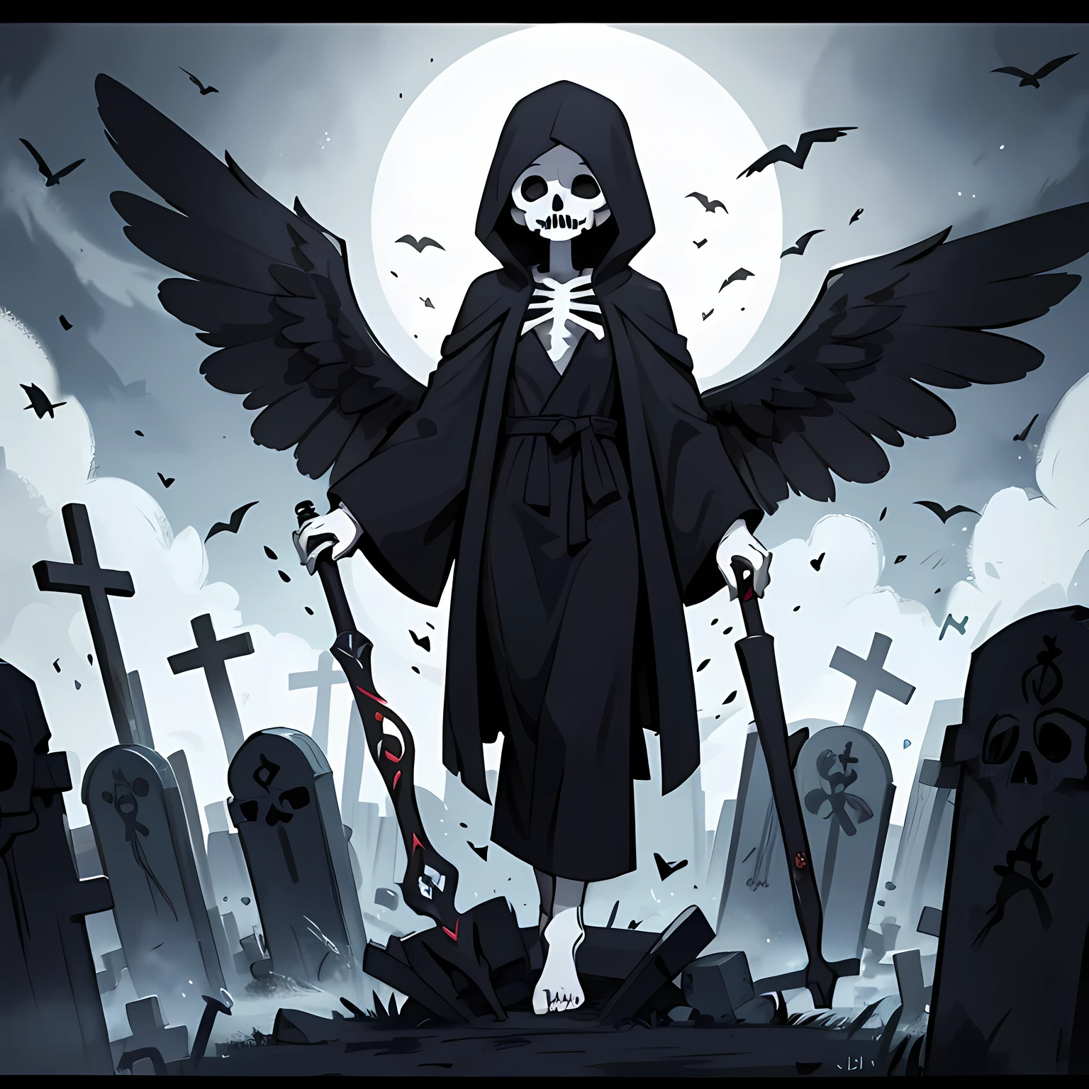 a Black Grim Reaper, white skeleton wearing black robe, black wings, kawaii,:3, graveyard, flying souls,