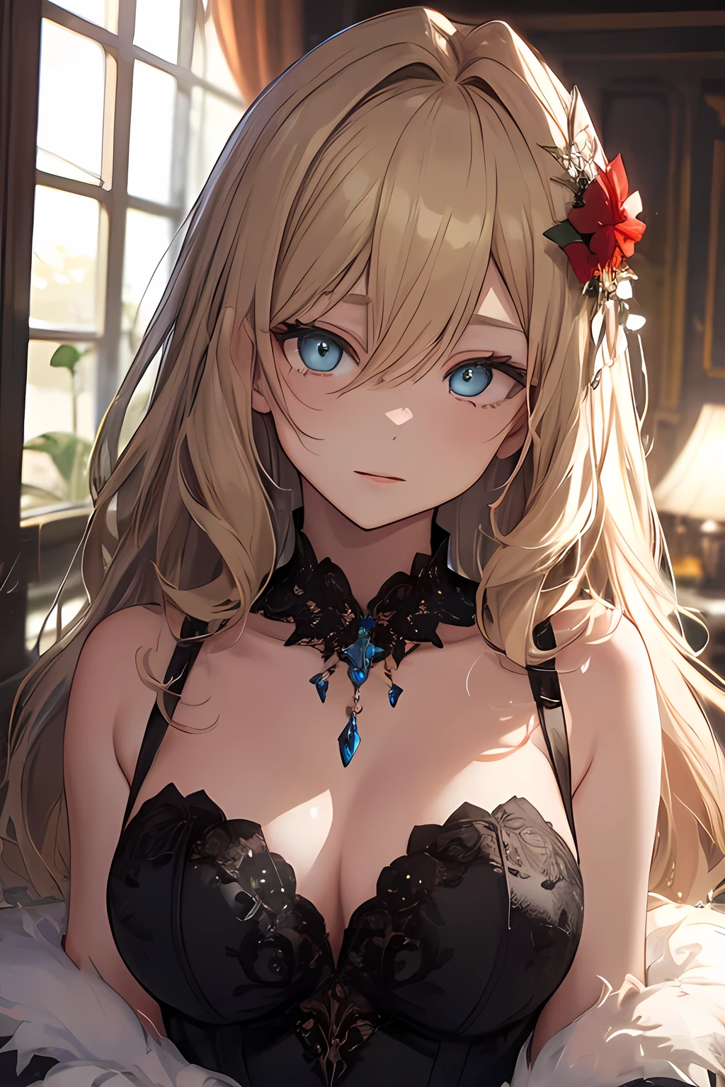 hair between eyes, long hair, blonde hair, red eyes,
BREAK wearing a beautiful black bridal gown.
BREAK looking at viewer.
BREAK (masterpiece:1.2), best quality, high resolution, unity 8k wallpaper, (illustration:0.8), (beautiful detailed eyes:1.6), extremely detailed face, perfect lighting, extremely detailed CG, (perfect hands, perfect anatomy),in a royal palace , a beautiful dimond necklace,milf, upper body only, flower ornaments on heir, close up on view