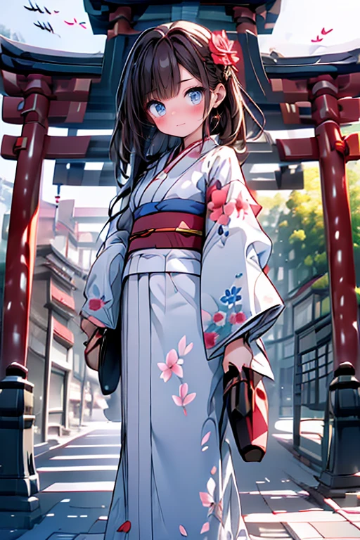 (Pieces fly), (highest quality), Very detailed, 1 girl,18-year-old, Focus Only，Perfect Face, Pretty face, Very detailed顔，(Brown hair:1.3)，(Brown eyes:1.3),Slightly chubby,Shortcuts，Light，smile，new year，(kimono:1.4)，shrine