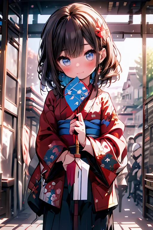 (Pieces fly), (highest quality), Very detailed, 1 girl,18-year-old, Focus Only，Perfect Face, Pretty face, Very detailed顔，(Brown hair:1.3)，(Brown eyes:1.3),Slightly chubby,Shortcuts，Light，smile，new year，(kimono:1.4)，shrine