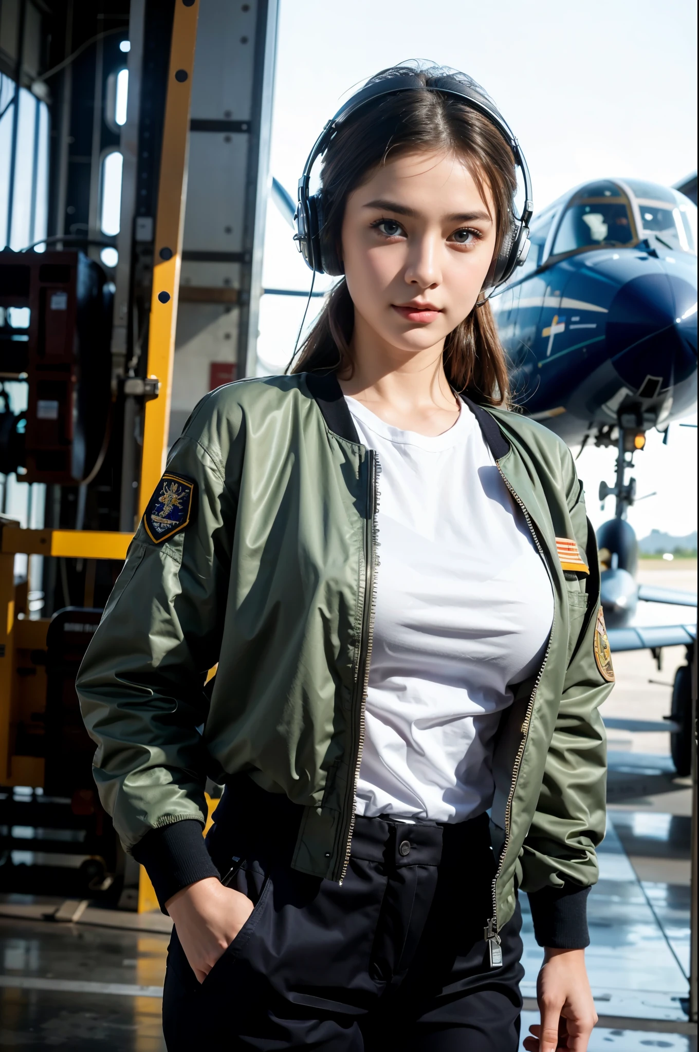 Best quality, ((insanely Realistic RAW photo)), professional photograph, intricate composition, an extremely delicate and beautiful, ultra high res, professional natural lighting and shading, ((Realistic image of a extremely pretty female Aircraft mechanic, solo)), Inside a spacious Aircraft hangar, Vintage airplanes of the World War II era line the background, (Wearing a MA-1 Flight Jacket), (Wearing a headset), (wearing short pants), faint smile, She does aircraft maintenance, very professional mechanic, ((extremely beautifully detailed eyes and face)), ((insanely beautiful natural skin texture)), (Accurate eyes), Accurate hands, Well-balanced overall body