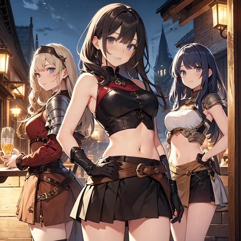 A group of female medieval fantasy adventurers, (in tavern), various hair styles, harem, night, details face, short skirt, seducing, sleeveless, armor, midriff