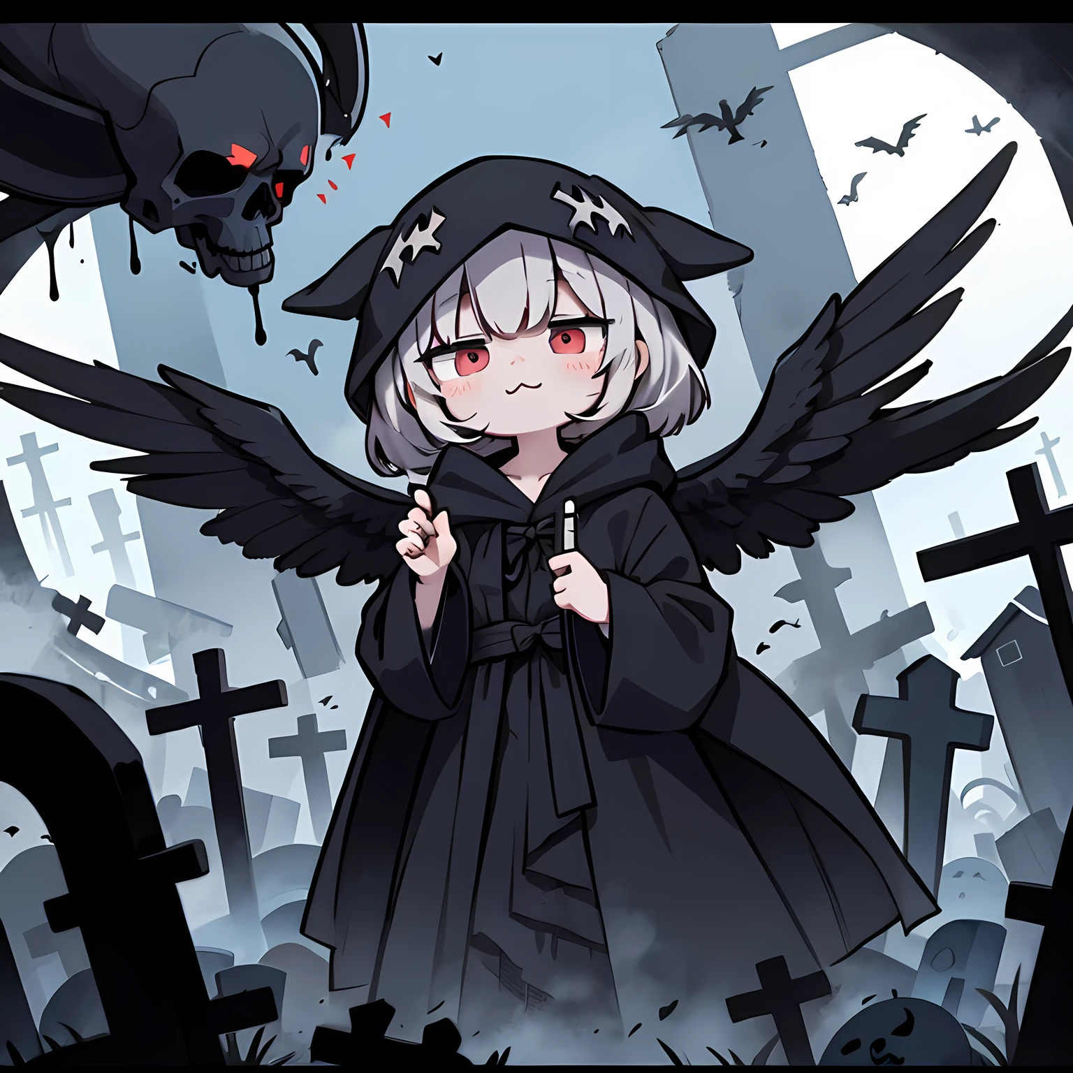 a Black Grim Reaper, black robe, black wings, kawaii,:3, graveyard, flying souls,
